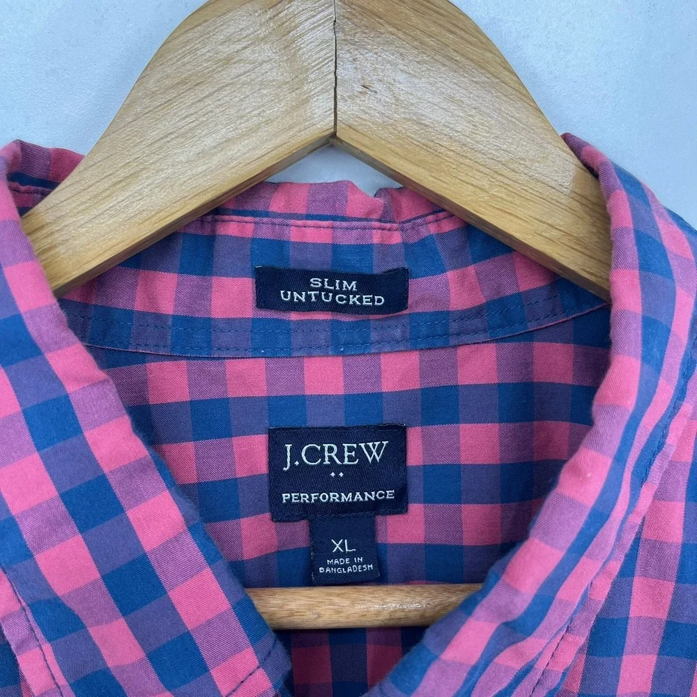 J.Crew Performance Slim Untucked Shirt Mens XL Pink Navy Blue Gingham Check